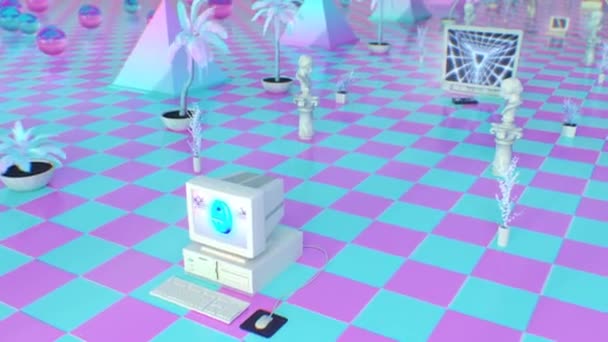 Aesthetic Vaporwave Pink Blue Mall with 90s Electronics and Statues - 4K Seamless Loop Motion Background Animation — Stock Video