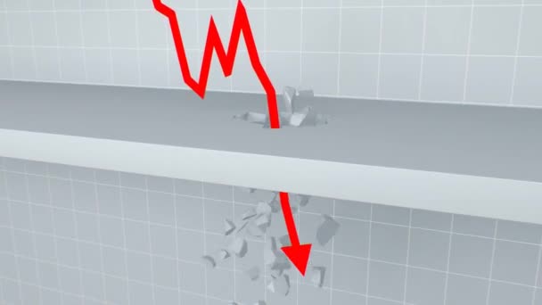 Faillissement Red Stock Market Arrow Crashes Through Floor Breaking It - 4K naadloze lus beweging achtergrond animatie — Stockvideo