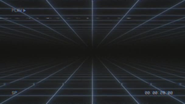Damaged VHS Tape Glitch Noise of Synthwave Neon Grid Plane Flickers - 4K Seamless Loop Motion Background Animation — Stock Video