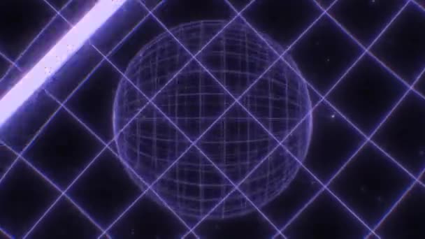 Fly in Neon Glow 80s Synthwave Wireframe Net Grid Geometric Spheres - 4K Seamless Loop Motion Background Animation — Stock Video