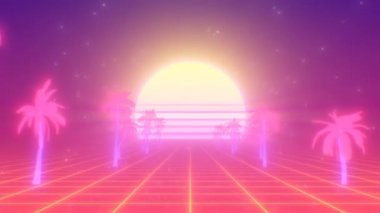 Pembe Sentetik Palmiye Ağacı Yolu ve Neon Izgarada Retro 80 'lerin Güneşi - 4K Kusursuz Döngüsüz Döngü Arkaplan Canlandırması