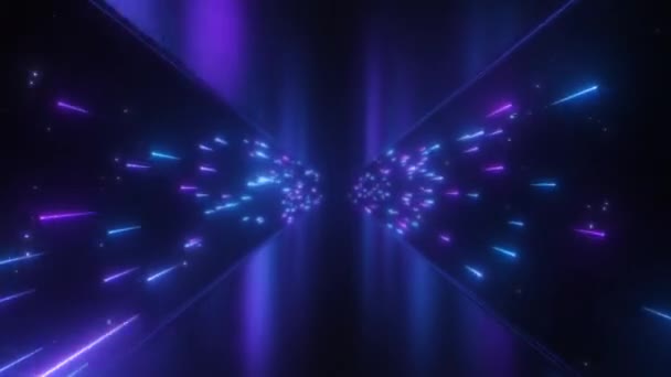 Neon Glow Shooting Star cometa la velocidad de la luz de la mosca en el túnel reflectante - Animación de fondo de movimiento de bucle inconsútil 4K — Vídeos de Stock