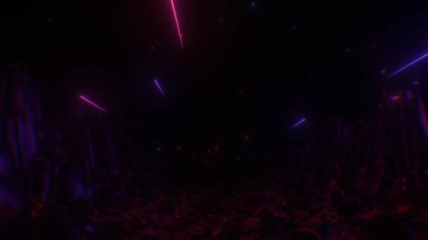 Estrelas de tiro de cometa de feixe de laser de néon voam na reflexão de céu noturno - animação de fundo de movimento de loop sem costura 4K — Vídeo de Stock