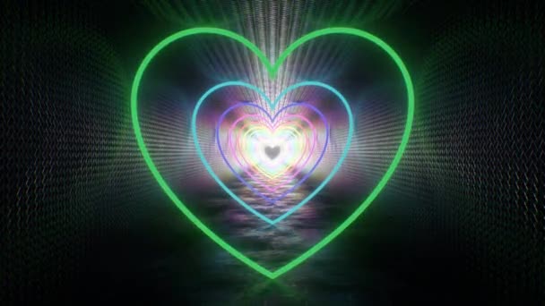 Neon Rainbow Love Heart Shape Reflejos brillantes en el túnel de metal brilla - Animación de fondo de movimiento VJ Loop 4K Seamless — Vídeos de Stock