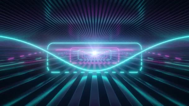 Rayo láser de neón azul rosado brilla en la línea de rayas reflectantes sala de túneles - Animación de fondo de movimiento de bucle VJ sin costuras 4K — Vídeo de stock
