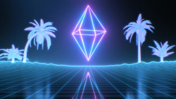 Retro Futuristic 80s Neon Glow Light Wireframe Above Synthwave Grid - Animación de fondo de movimiento de bucle inconsútil 4K — Vídeo de stock