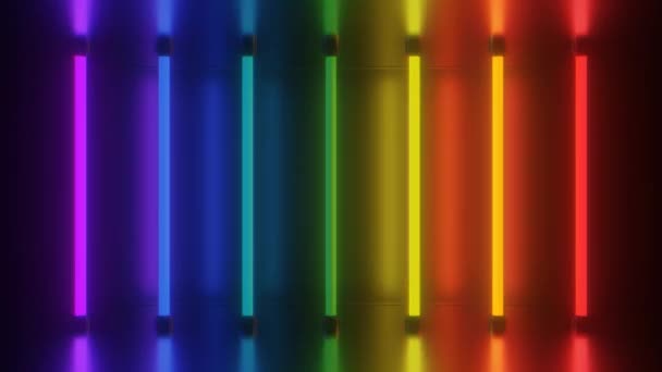 Retro Regenbogen Neonröhren Leuchten Futuristisch Helle Reflexe - 4K Nahtlose Schleifenbewegung Hintergrundanimation — Stockvideo