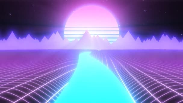 Synthwave Landscape of Glowing River Mountains and Retro 80s Sun - 4K Seamless Loop Motion Background Animation — Stock Video