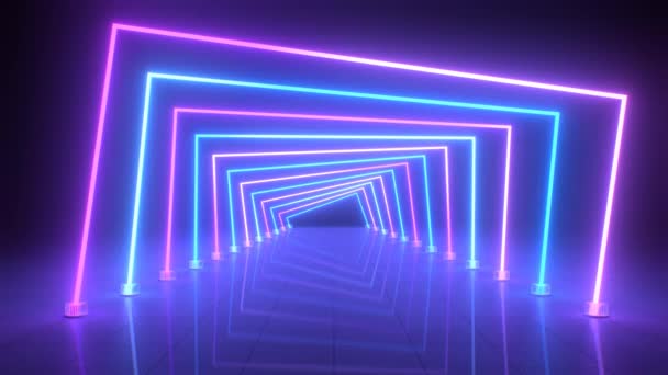 Ultrafioletowy Streszczenie Neon Light Tunnel kwadraty Blask z refleksji - 4K Płynny ruch pętli tła Animacja — Wideo stockowe