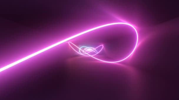 Ultraviolette Neon-Laser-Kurve leuchtet im Inneren des reflektierenden endlosen Tunnels - 4K-Animation mit nahtlosen Schleifenbewegungen — Stockvideo