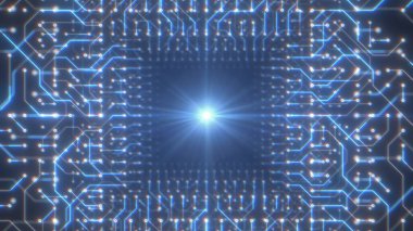 Fütüristik Dijital Devre Çizgilerinin Parlak Bilim-Kurgu Tüneli 3D Çizim - Soyut Arkaplan Dokusu