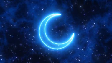 Sakin Mavi Neon Hilal Ay Şekli Bulutlu Karanlık Gece Gökyüzü Yıldızları Soyut Arkaplan Dokuları