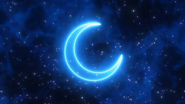 Klidný modrý neonový tvar měsíce v oblačné tmavé noční obloze hvězdy - Abstraktní textura pozadí — Stock fotografie