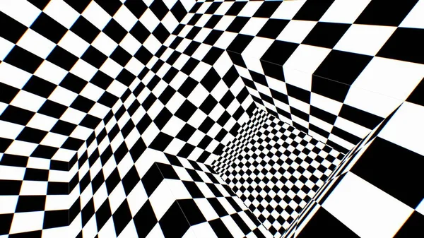 Sala interminable de la ilusión óptica del tablero de ajedrez en blanco y negro en 3D - Textura de fondo abstracta — Foto de Stock