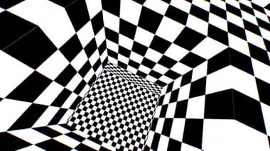 3D Siyah ve Beyaz Checkerboard Optik İllüzyon Sonsuz Odası - 4K Kusursuz VJ Döngü Hareketi Arkaplan Canlandırması