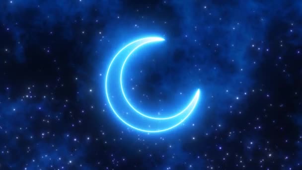 Calm Blue Neon Crescent Moon Shape in Cloudy Dark Night Sky Stars - 4K Seamless VJ Loop Motion Background Animation — Stock Video