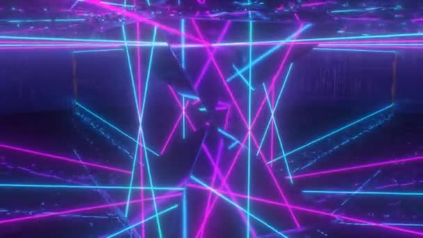 Neon Laser Stralen Reflect Off Futuristische Piramide Prisma 's in Sci-Fi Room - 4K Naadloze VJ Loop Motion Achtergrond Animatie — Stockvideo