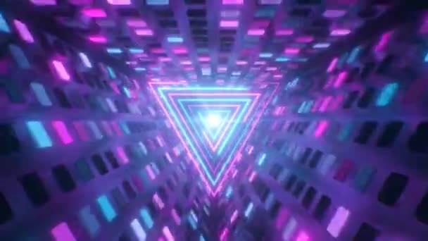 闪光灯和发光三角的复古未来主义霓虹灯隧道- 4K无缝隙VJ环路运动背景动画 — 图库视频影像