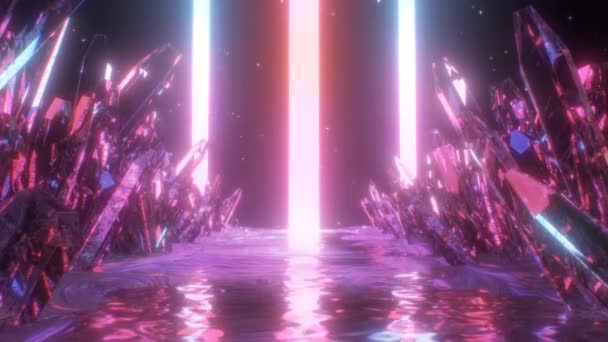 Paysage cristallin réfléchit les lumières laser au néon et les étoiles de l'espace extérieur - Animation de fond de boucle VJ sans couture 4K — Video