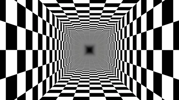 Endless Tunnel Checkerboard Pattern Black White Perspective Illusion - Struttura astratta dello sfondo — Foto Stock