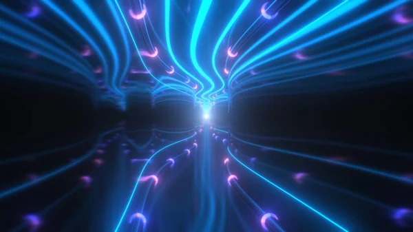Endless Mirror Hallway With Retro Glowing Neon Lights 3D Tunnel Waves - Abstract Background Texture — 스톡 사진