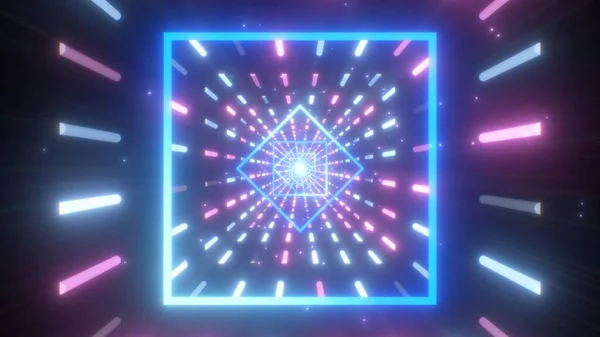 Fly in Futuristische Neon Laser Tunnel Retro Roze Blauw Knipperende Lichten - Abstract Achtergrond textuur — Stockfoto