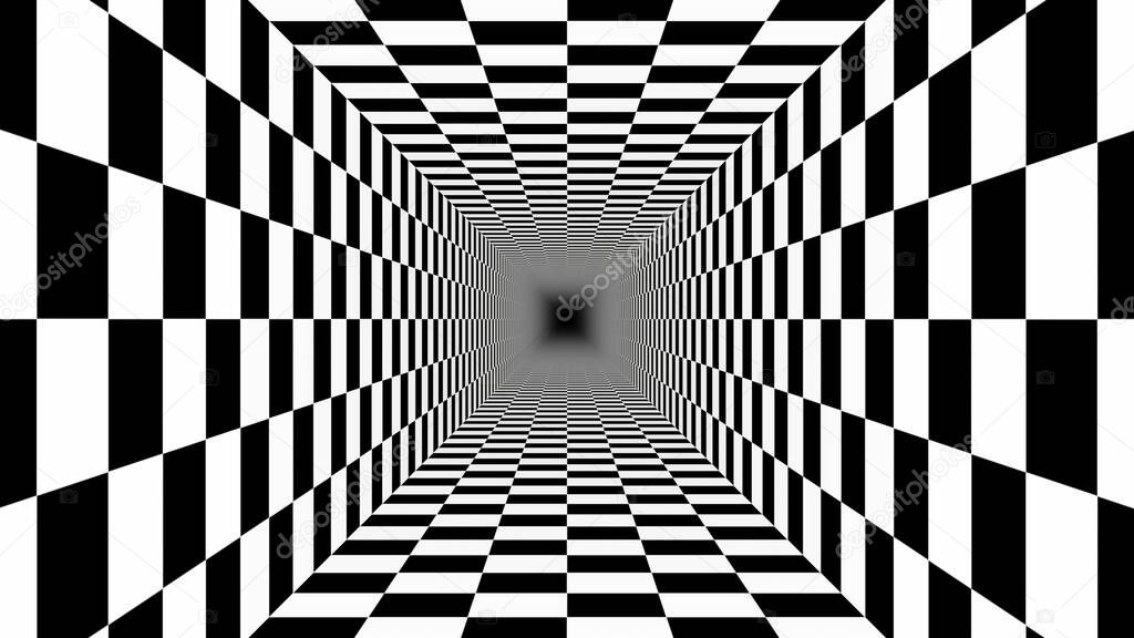Endless Tunnel Checkerboard Pattern Black White Perspective Illusion - Abstract Background Texture