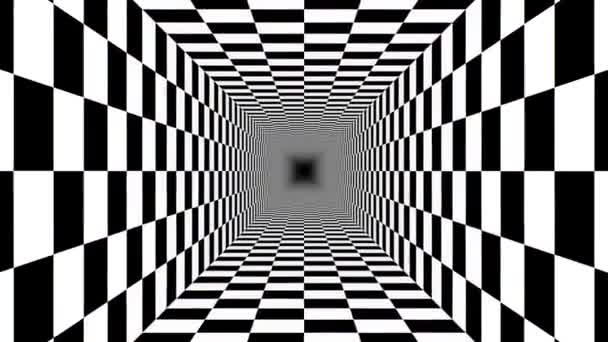 Ändlösa Tunnel Checkerboard mönster svart vitt perspektiv Illusion - 4K sömlös VJ Loop Motion Bakgrund Animation — Stockvideo