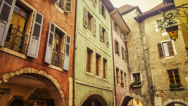 Annecy, France - October 20, 2015 : Colorful building on arches in medieval Annecy. The region of annecy is a calm and ideal place to relax.