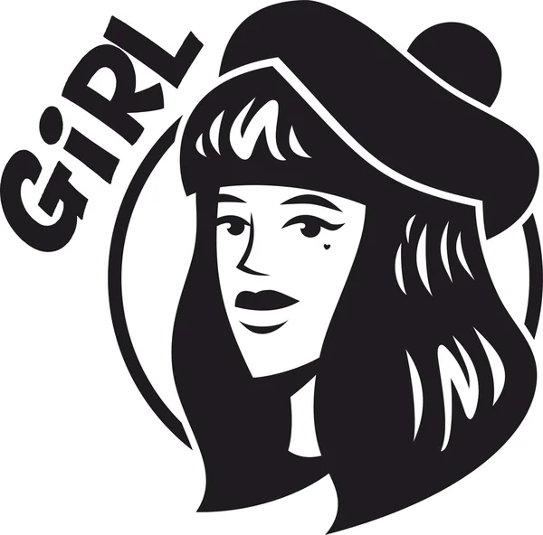 一个漂亮的女孩在一个黑色贝雷帽圆的徽标肖像 — 图库矢量图片