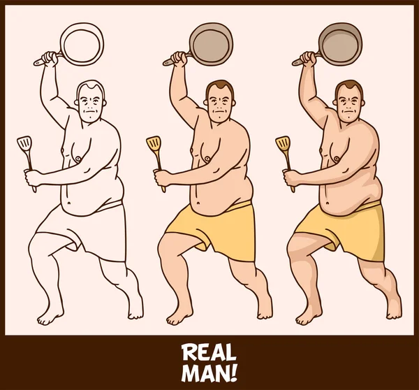Imagen gorda desnudo hombre cocina conjunto — Vector de stock