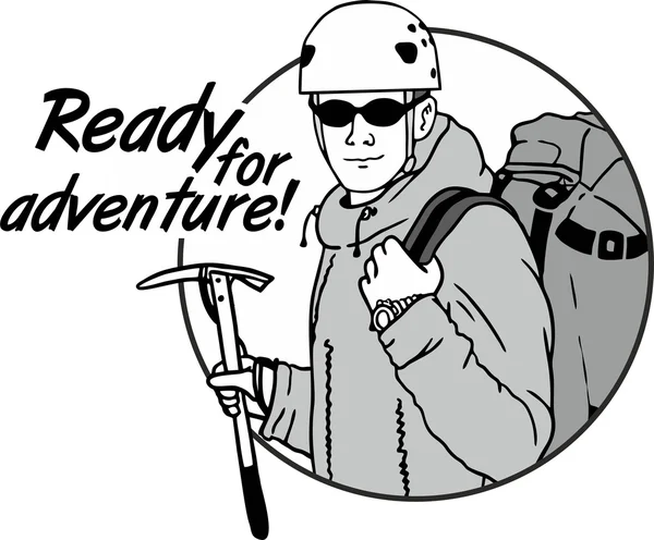 バックパックとの冒険の準備ができてヘルメットのピッケルを保持登山家 — ストックベクタ