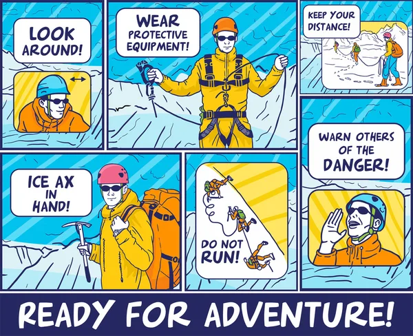 Montañista en diferentes situaciones cómics consejos de seguridad — Vector de stock