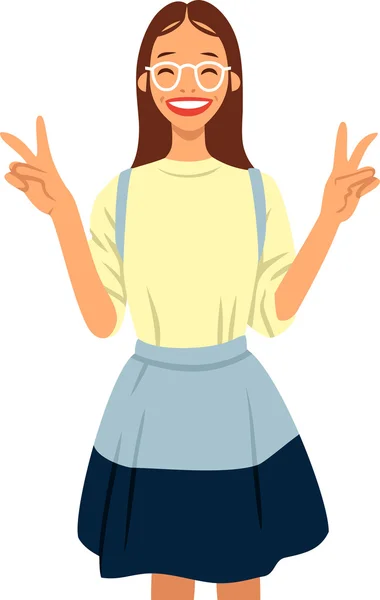 Funny girl with glasses shows a finger victory sign — Stock Vector