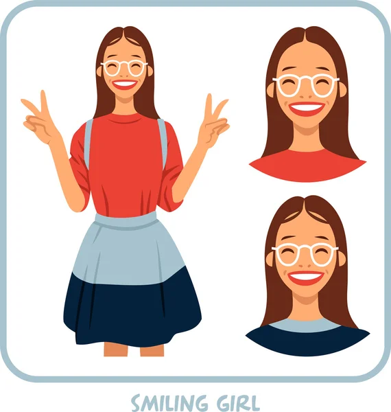 Funny teenager girl with glasses shows a finger victory sign set — Stock Vector