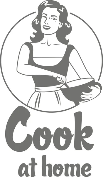 Cook at home girl in an apron holding bowl simple circle logo gray — Stock Vector