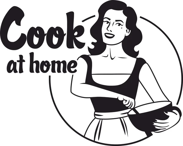 Cook at home girl in an apron holding bowl a simple black circle logo — Stock Vector