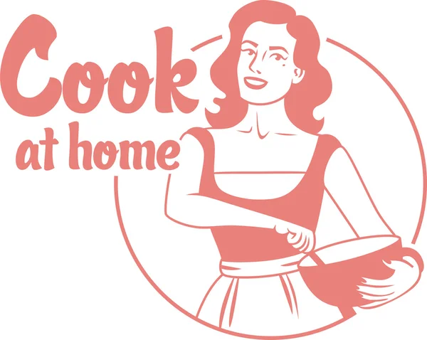 Cook at home girl in an apron holding bowl simple red circle logo — Stock Vector
