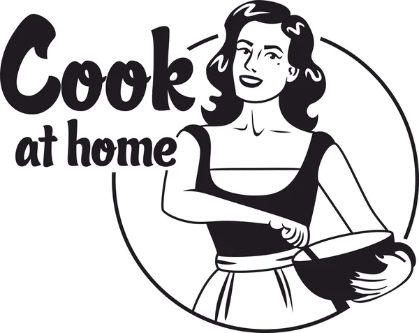 Cook at home pin-up girl in an apron holding a bowl black circle logo — Stock Vector