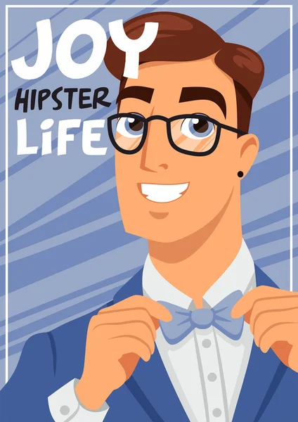 Retrato de una corbata hipster sonriente y un póster de traje azul — Archivo Imágenes Vectoriales