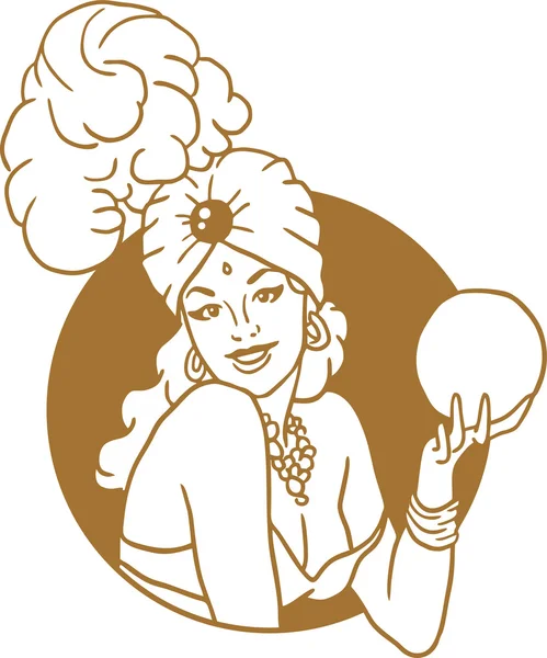 Chica pin-up con un retrato de bola mágica de un emblema de círculo de oro — Vector de stock