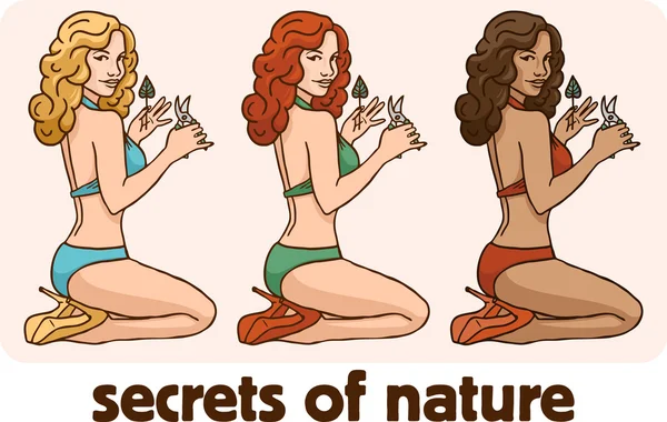 Épingler fille dans un bikini ensemble jardinier — Image vectorielle