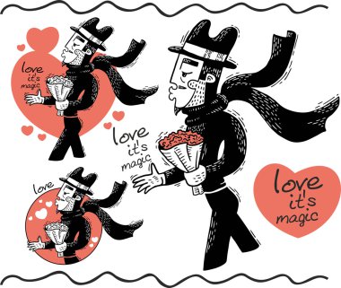 love is magic man with a bouquet set clipart