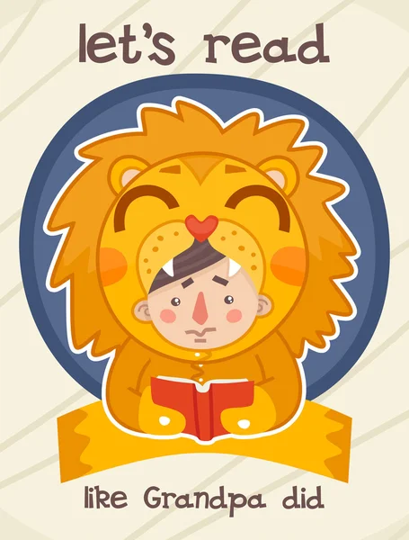 Criança vestida de leão lendo um cartaz de livro — Vetor de Stock