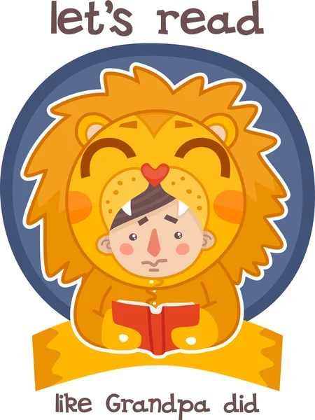 Menino vestido como um leão lendo um livro adesivo — Vetor de Stock