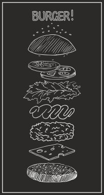 scheme ingredients burger line drawing black background