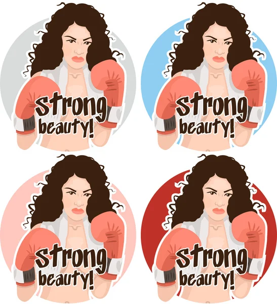 Curly naked girl with boxing gloves set of stickers — Stock Vector