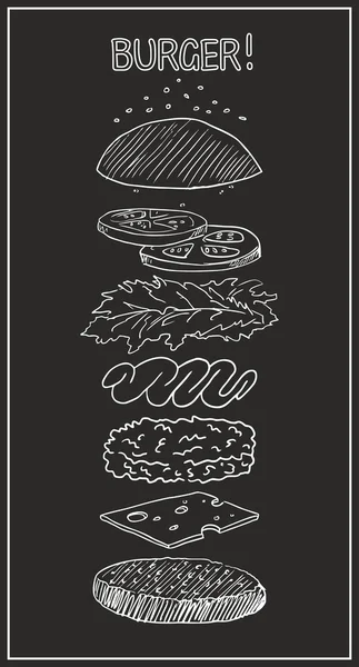 Esquema ingredientes hamburguesa línea dibujo negro fondo — Vector de stock