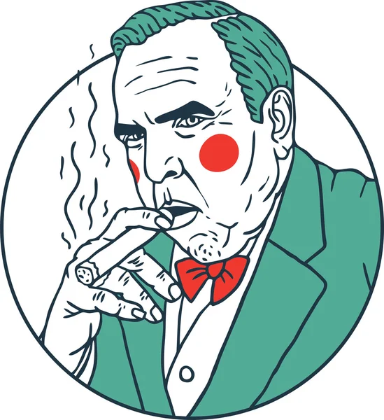 Fat rich man in a suit with cigar portrait of a clown color circle — ストックベクタ