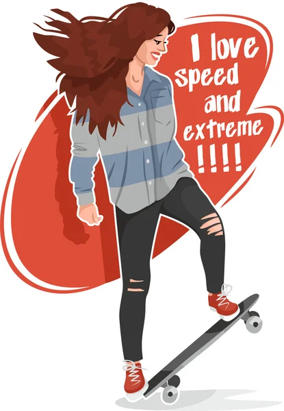 Ik hou van snelheid en extreme meisje met skateboard sticker — Stockvector